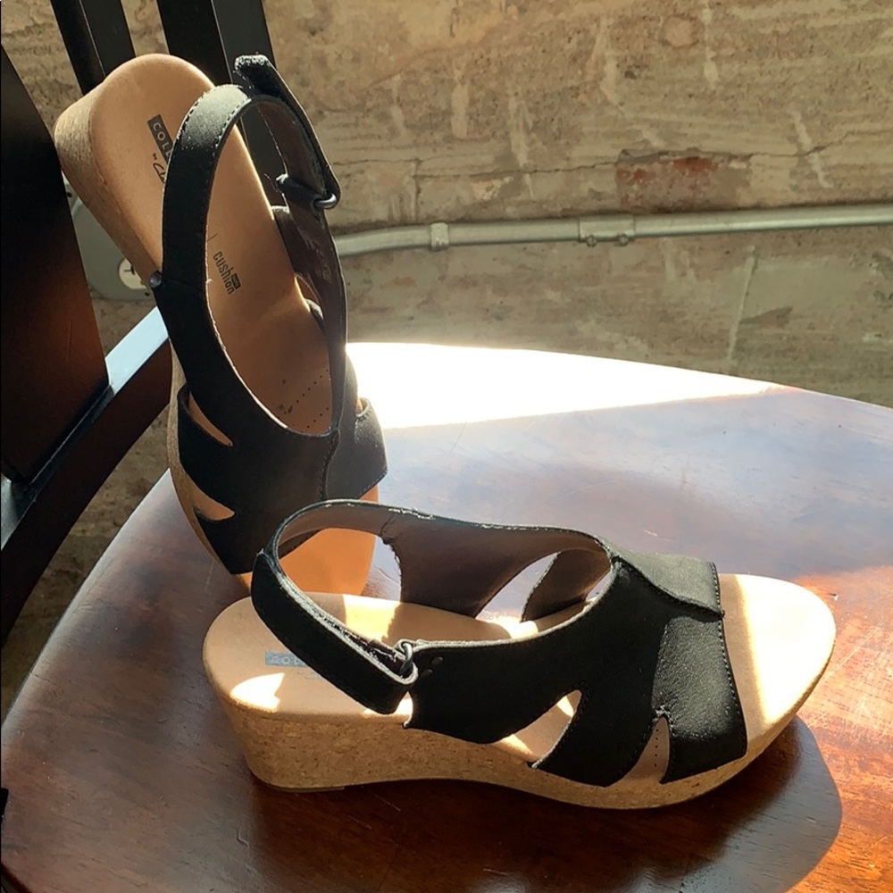Clarks black sandal/cork wedge size 10